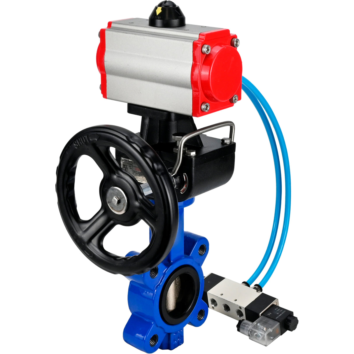 Water Butterfly Valve Elephant WBV1616E-2W-Fb-H, body material - cast iron QT450, disk material - cast iron QT450, seal - EPDM, with pneumatic actuator double action PA-DA, 4V320-08 220V, handwheel MON