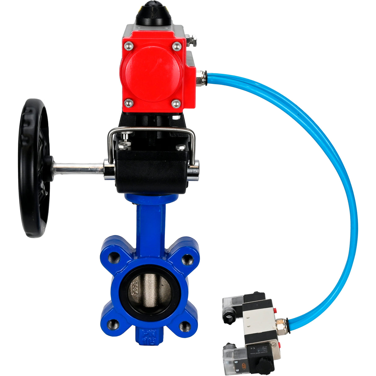 Water Butterfly Valve Elephant WBV1616E-2W-Fb-H, body material - cast iron QT450, disk material - cast iron QT450, seal - EPDM, with pneumatic actuator double action PA-DA, 4V320-08 220V, handwheel MON