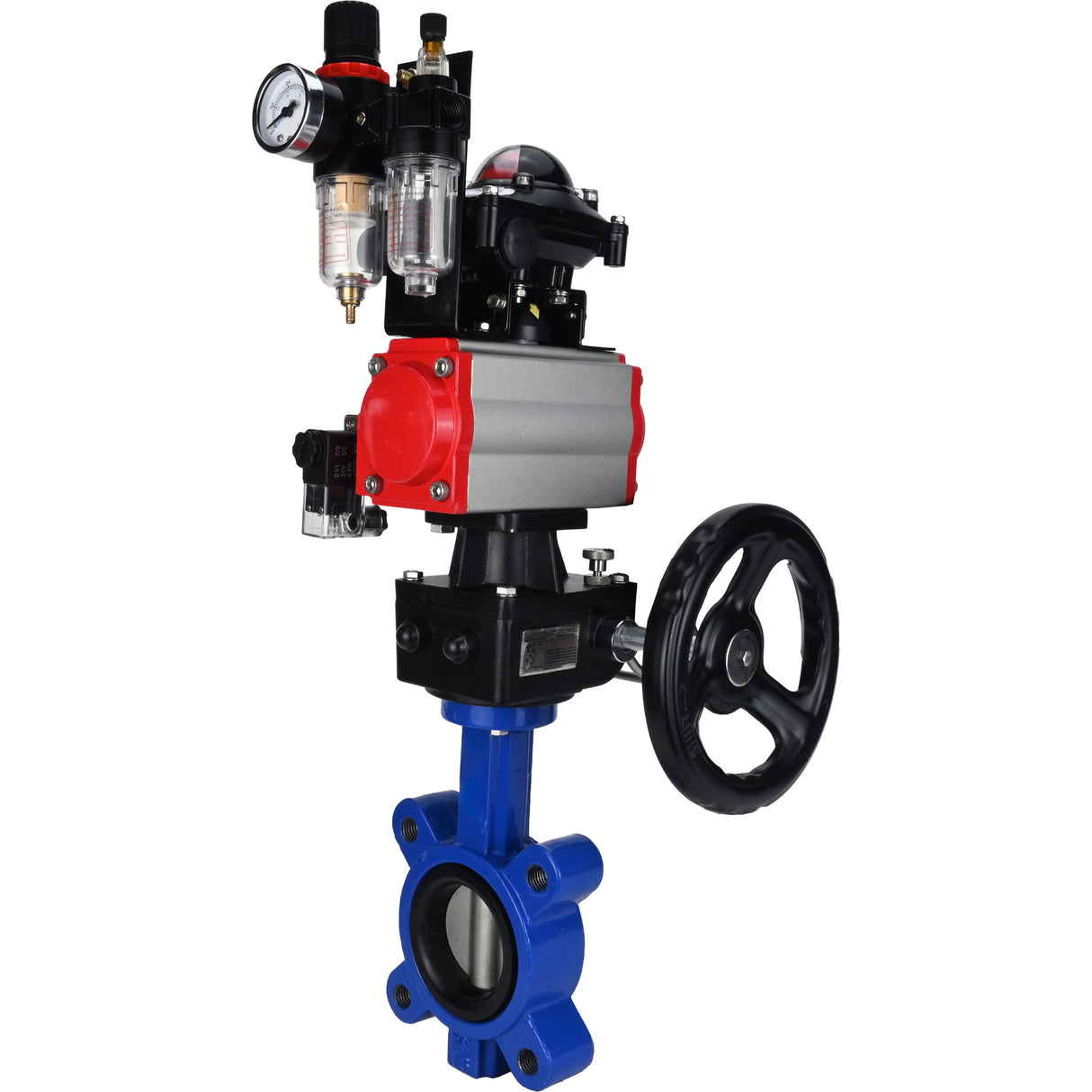 Water Butterfly Valve Elephant WBV1631N-2W-Fb-H, body material - cast iron QT450, disk material - Stainless steel AISI 304, seal - NBR, pneumatic actuator PA-DA double action, 4M310-08 220V, LSU APL-210N, handwheel MON, ATU AFC2000