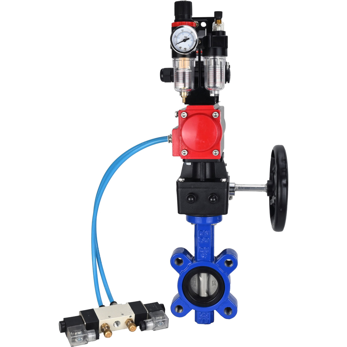Water Butterfly Valve Elephant WBV1631N-2W-Fb-H, body material - cast iron QT450, disk material - Stainless steel AISI 304, seal - NBR, pneumatic actuator PA-DA double action, 4V320-08 220V, LSU APL-210N, handwheel MON, ATU AFC2000