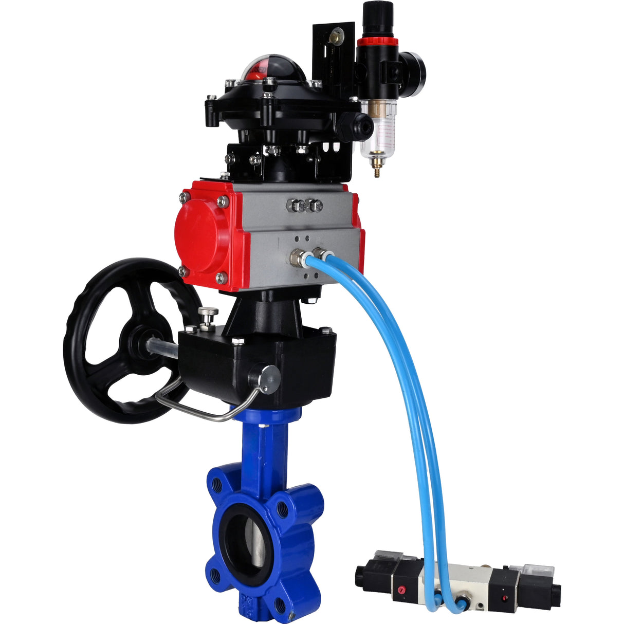 Water Butterfly Valve Elephant WBV1631N-2W-Fb-H, body material - cast iron QT450, disk material - Stainless steel AISI 304, seal - NBR, pneumatic actuator PA-DA double action, 4V320-08 220V, LSU APL-210N, handwheel MON, ATU AFC2000