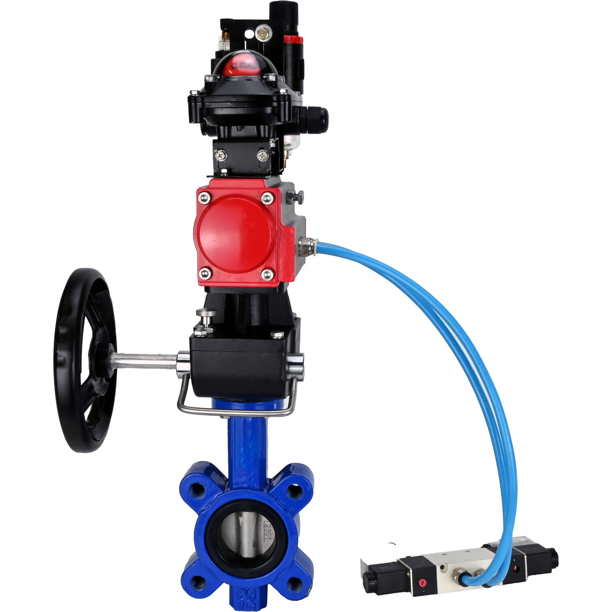 Water Butterfly Valve Elephant WBV1631N-2W-Fb-H, body material - cast iron QT450, disk material - Stainless steel AISI 304, seal - NBR, pneumatic actuator PA-DA double action, 4V320-08 220V, LSU APL-210N, handwheel MON, ATU AFC2000