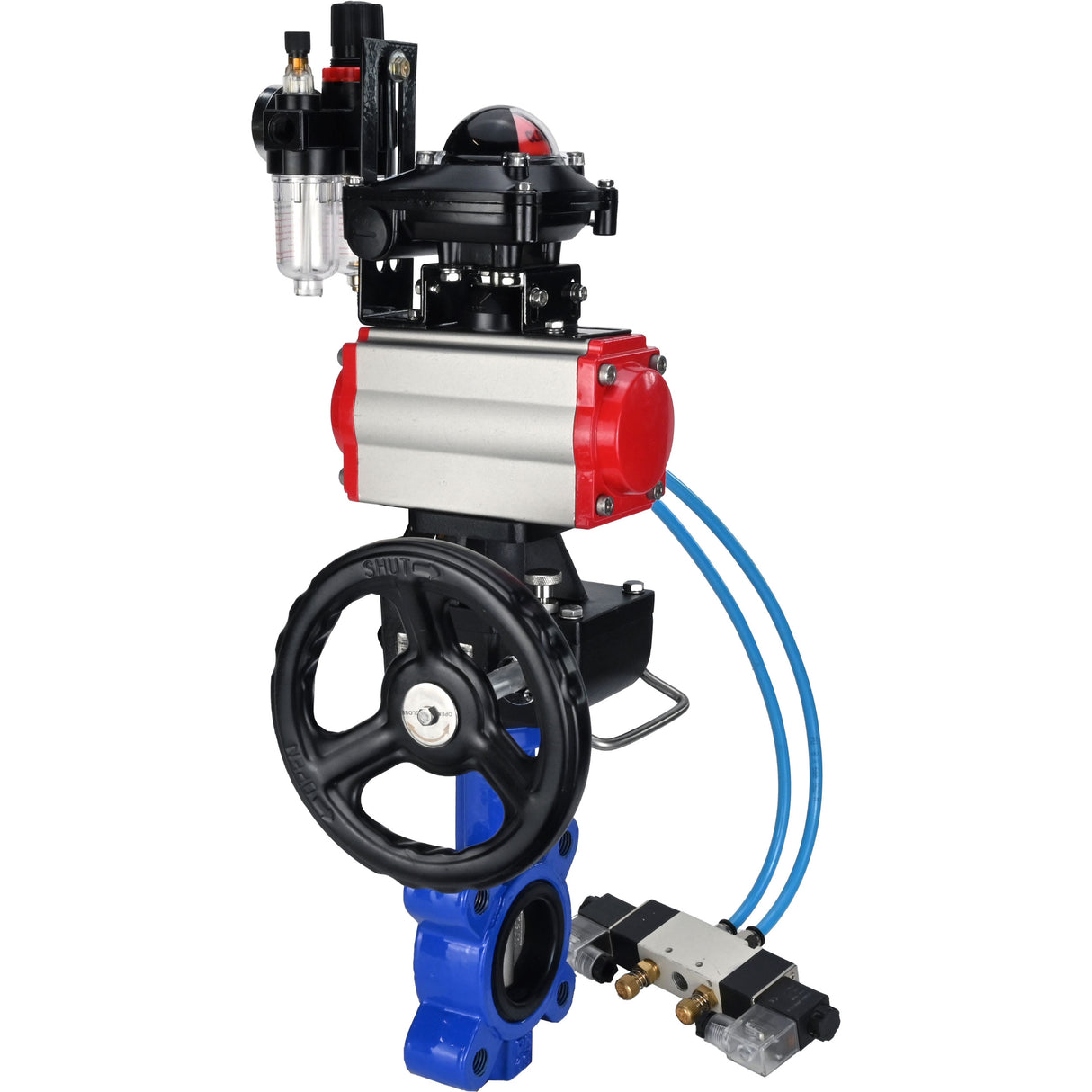 Water Butterfly Valve Elephant WBV1631N-2W-Fb-H, body material - cast iron QT450, disk material - Stainless steel AISI 304, seal - NBR, pneumatic actuator PA-DA double action, 4V320-08 220V, LSU APL-210N, handwheel MON, ATU AFC2000
