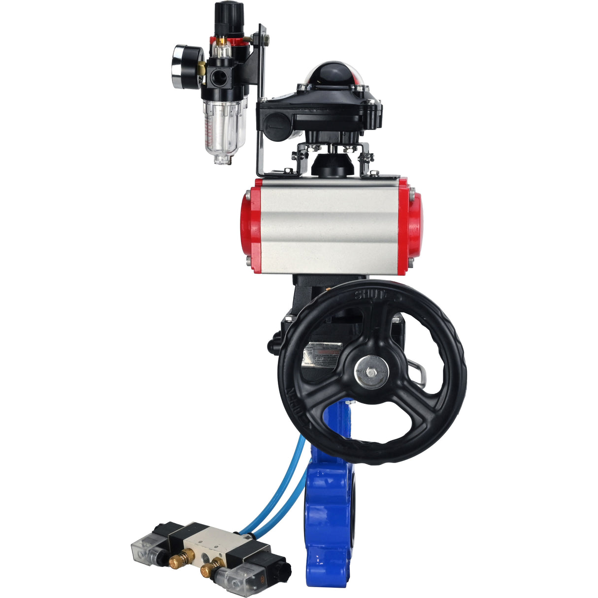 Water Butterfly Valve Elephant WBV1631N-2W-Fb-H, body material - cast iron QT450, disk material - Stainless steel AISI 304, seal - NBR, pneumatic actuator PA-DA double action, 4V320-08 220V, LSU APL-210N, handwheel MON, ATU AFC2000