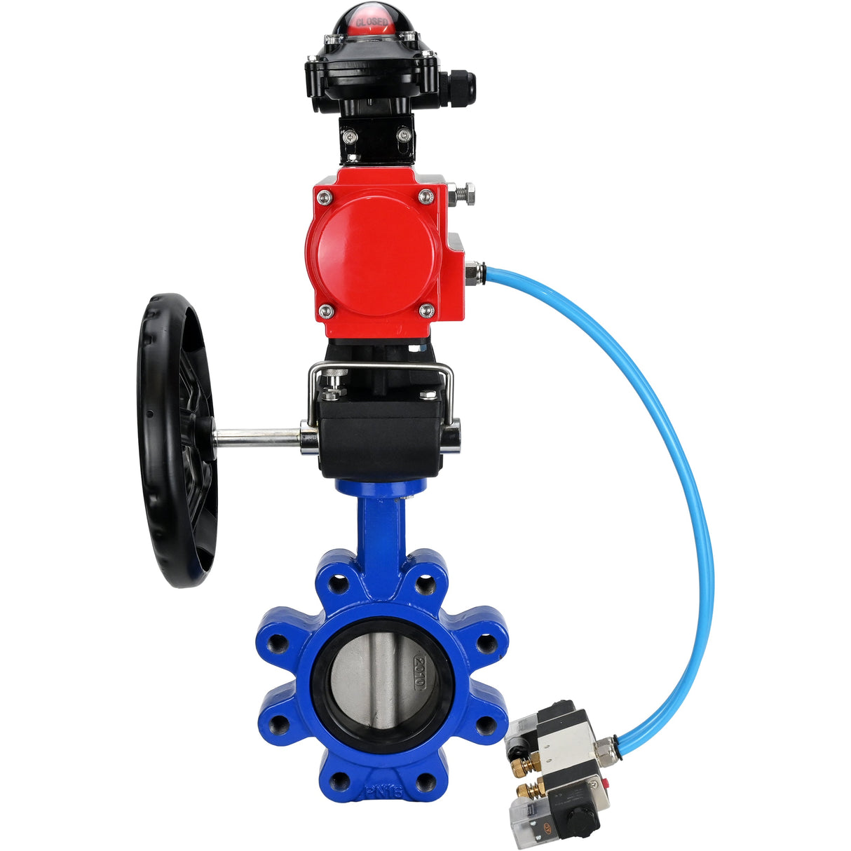 Water Butterfly Valve Elephant WBV1631N-2W-Fb-H, body material - cast iron QT450, disk material - Stainless steel AISI 304, seal - NBR, pneumatic actuator PA-DA double action, 4V320-08 220V, LSU APL-210N, handwheel MON