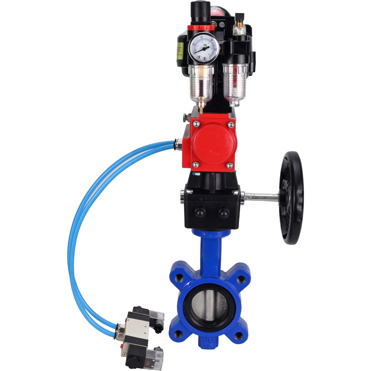 Water Butterfly Valve Elephant WBV1631N-2W-Fb-H, body material - cast iron QT450, disk material - Stainless steel AISI 304, seal - NBR, pneumatic actuator PA-DA double action, 4V320-08 220V, LSU APL-510N EX, handwheel MON, ATU AFC2000