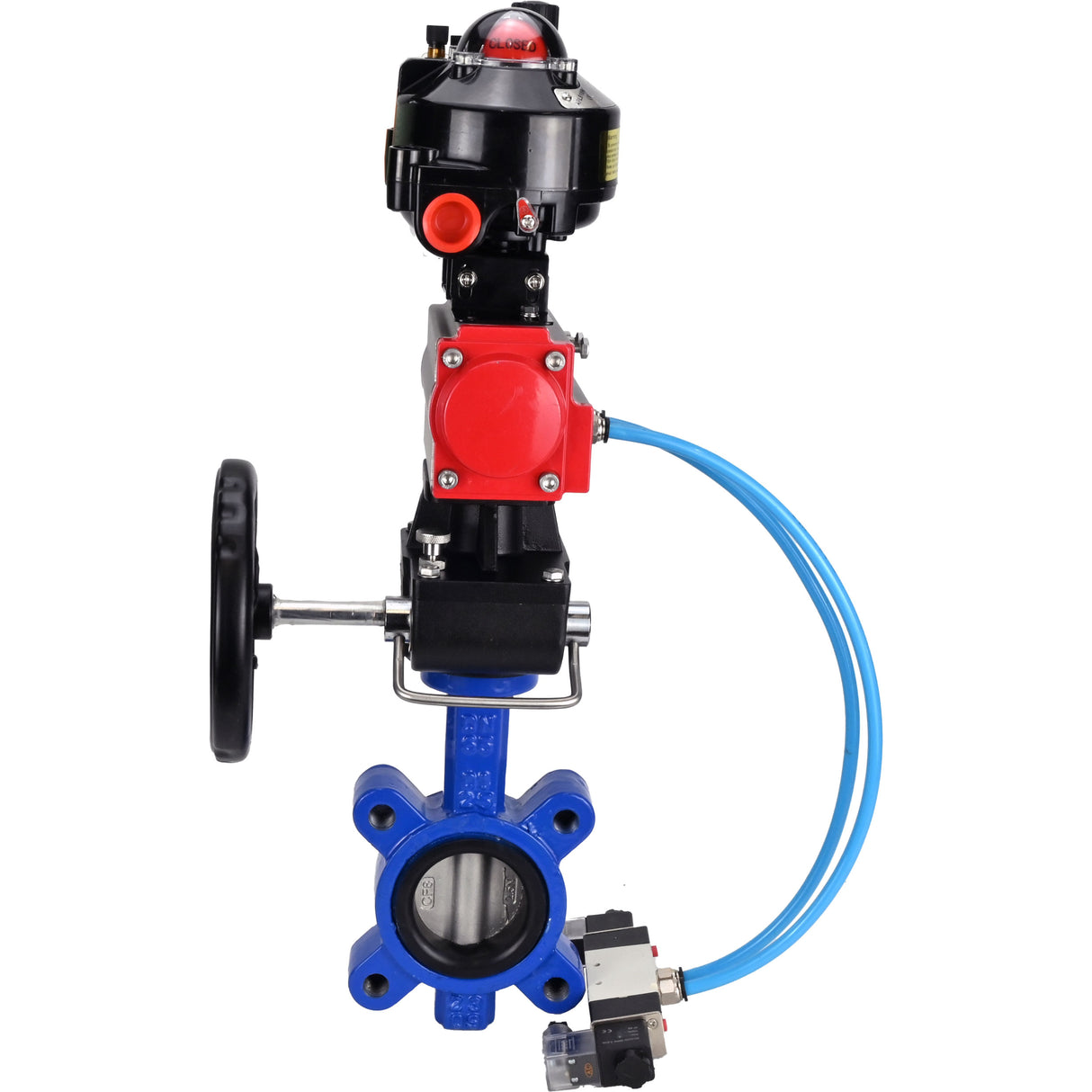 Water Butterfly Valve Elephant WBV1631N-2W-Fb-H, body material - cast iron QT450, disk material - Stainless steel AISI 304, seal - NBR, pneumatic actuator PA-DA double action, 4V320-08 220V, LSU APL-510N EX, handwheel MON, ATU AFC2000