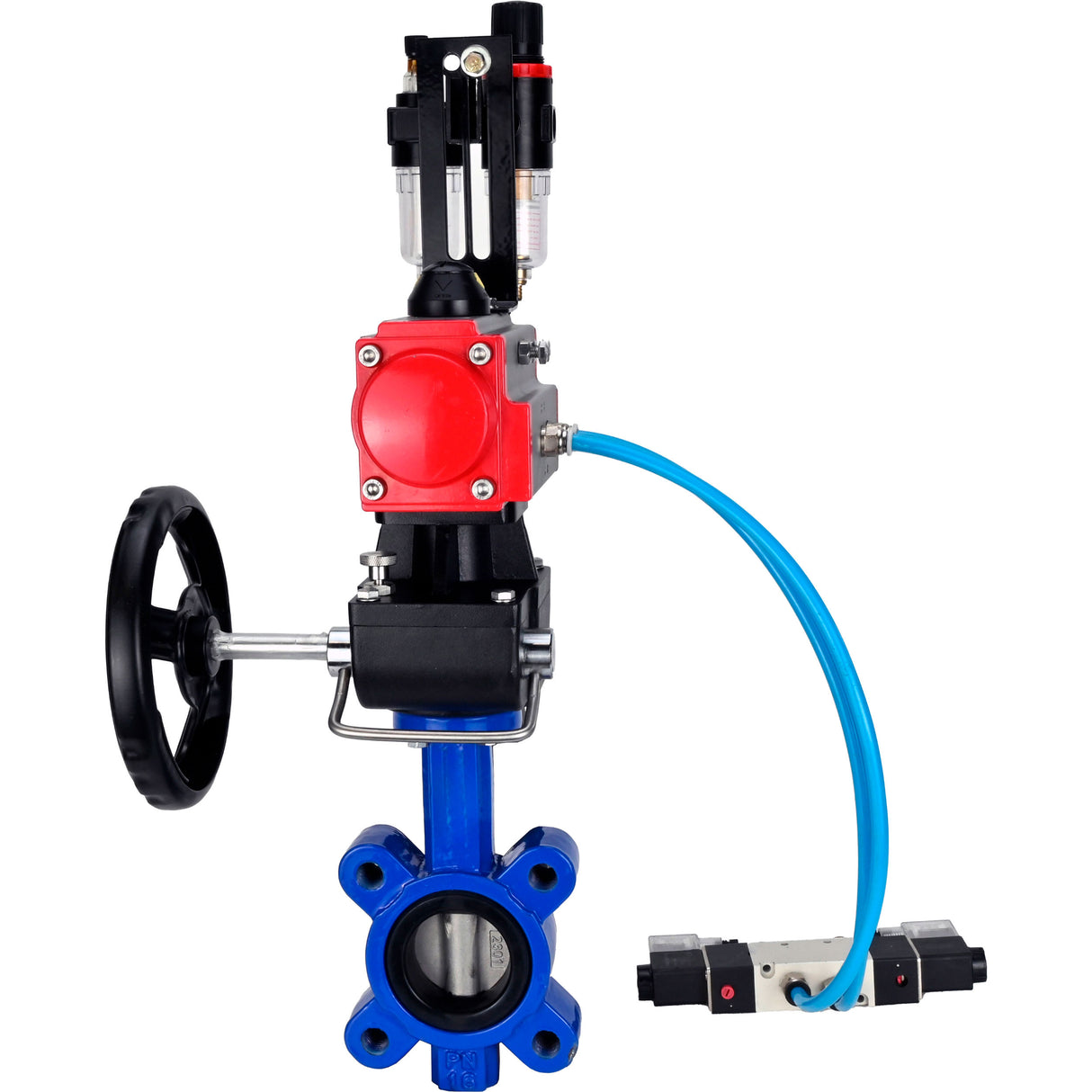Water Butterfly Valve Elephant WBV1631N-2W-Fb-H, body material - cast iron QT450, disk material - Stainless steel AISI 304, seal - NBR, pneumatic actuator PA-DA double action, 4V320-08 220V handwheel MON, ATU AFC2000
