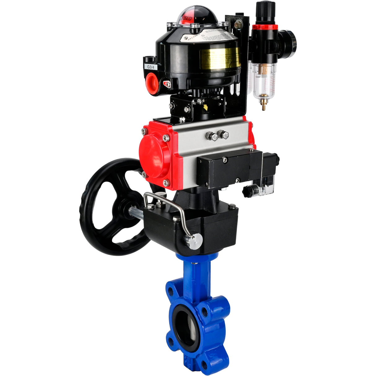 Water Butterfly Valve Elephant WBV1631N-2W-Fb-H, body material - cast iron QT450, disk material - Stainless steel AISI 304, seal - NBR, pneumatic actuator PA-DA double action, 4M310-08 220V, LSU APL-510N EX, handwheel MON, ATU AFC2000