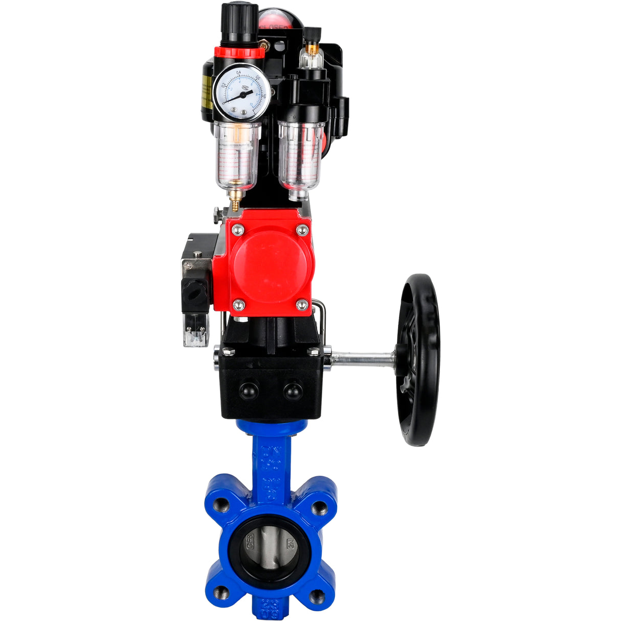 Water Butterfly Valve Elephant WBV1631N-2W-Fb-H, body material - cast iron QT450, disk material - Stainless steel AISI 304, seal - NBR, pneumatic actuator PA-DA double action, 4M310-08 220V, LSU APL-510N EX, handwheel MON, ATU AFC2000