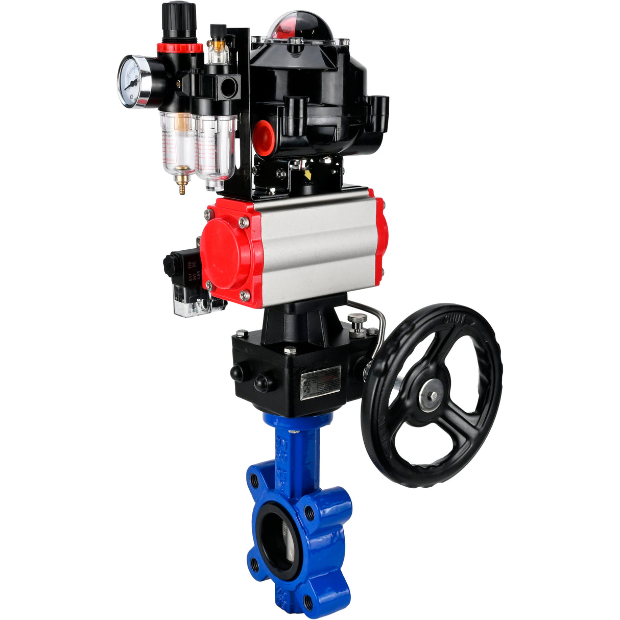 Water Butterfly Valve Elephant WBV1631N-2W-Fb-H, body material - cast iron QT450, disk material - Stainless steel AISI 304, seal - NBR, pneumatic actuator PA-DA double action, 4M310-08 220V, LSU APL-510N EX, handwheel MON, ATU AFC2000