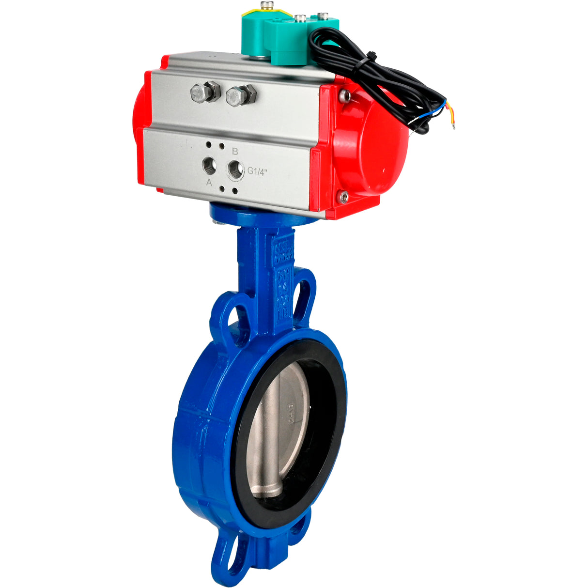 Water Butterfly Valve for abrasive media Elephant WBV1632E-2W-Fb-H DN40-200 16 bar body - QT450 cast iron, disc - 316L stainless steel, seal - EPDM, with pneumatic drive PA-DA-XXX and ALS200D magnetic switch
