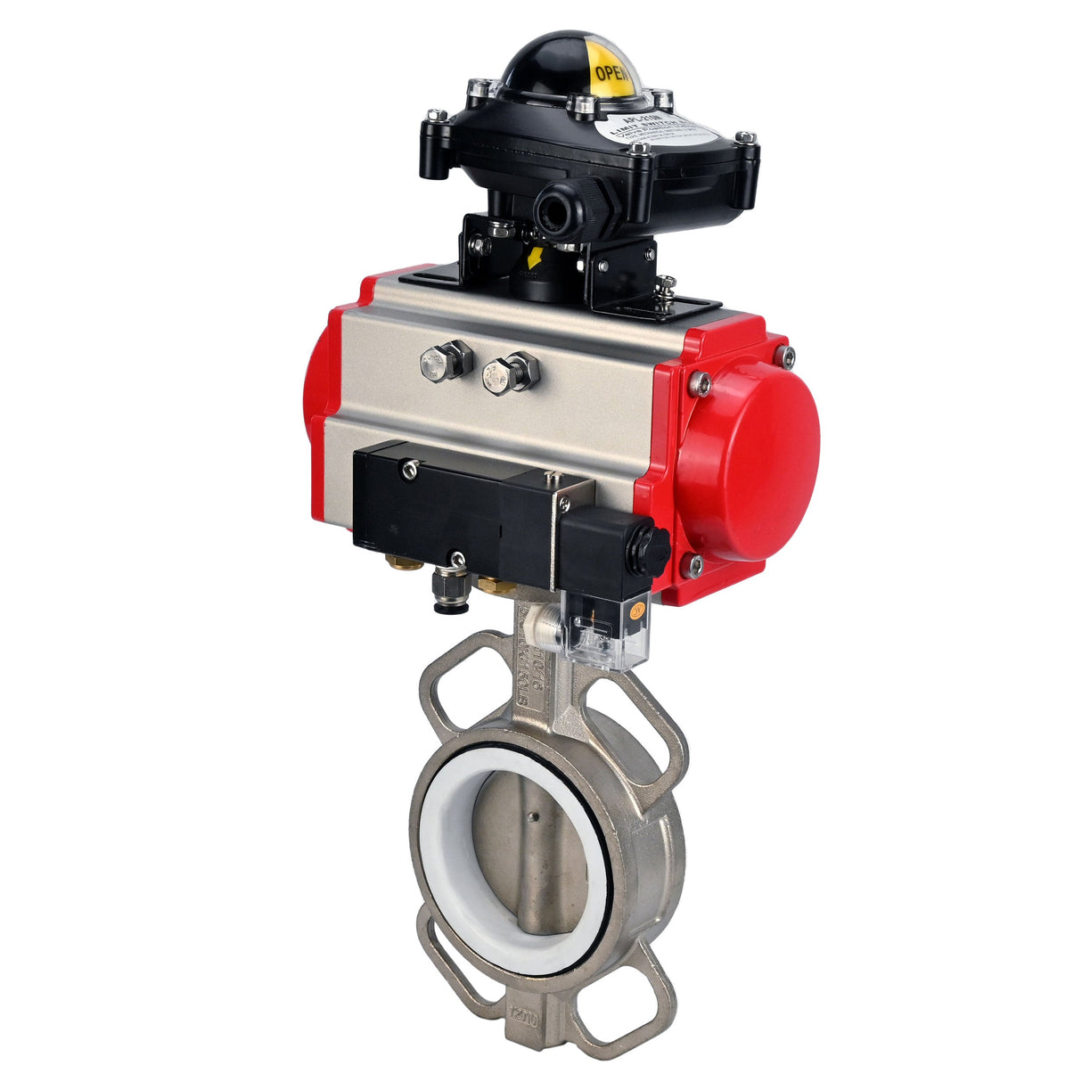 Water Butterfly Valve Elephant WBV3131P-2W-Fb-H, body material - Stainless steel AISI 304, disk material - Stainless steel AISI 304, seal - PTFE, pneumatic actuator PA-SA with return springs, 4M310-08 24V, LSU APL-210N