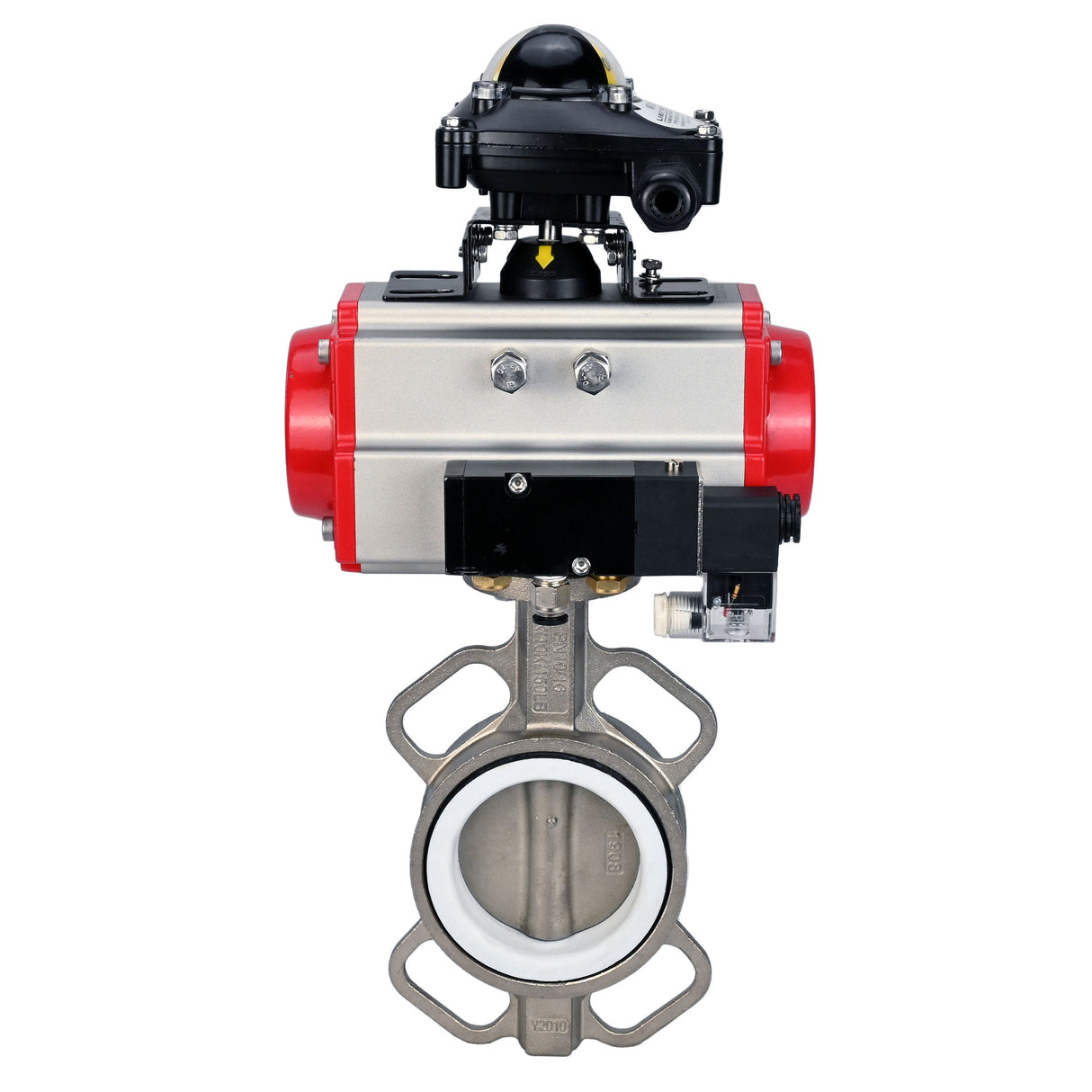Water Butterfly Valve Elephant WBV3131P-2W-Fb-H, body material - Stainless steel AISI 304, disk material - Stainless steel AISI 304, seal - PTFE, pneumatic actuator PA-SA with return springs, 4M310-08 24V, LSU APL-210N
