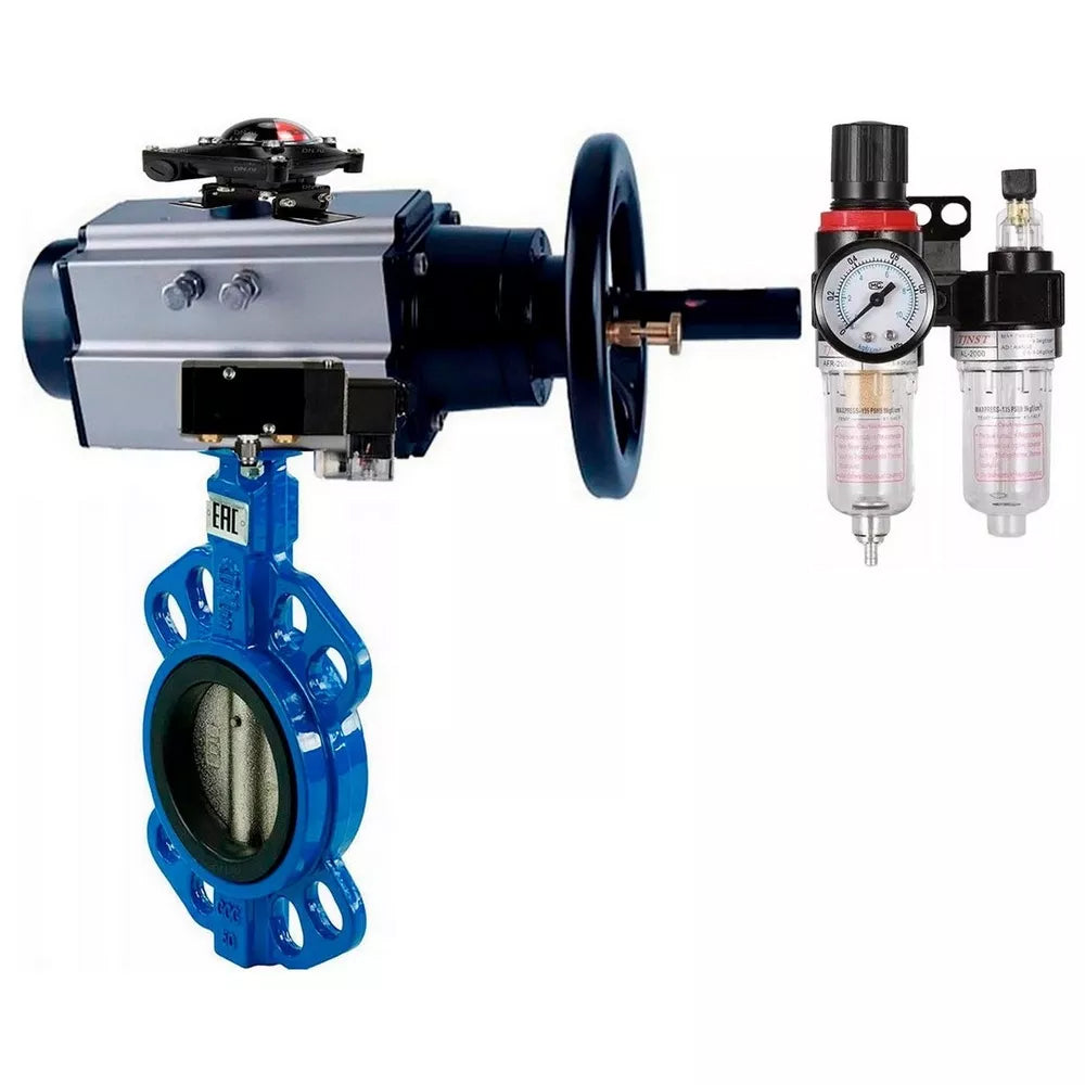 Water Butterfly Valve Elephant WBV1132N-2W-Fb-H, body material - grey cast iron GG25, disk material - stainless steel AISI 316L, seal - NBR, with pneumatic actuator double action PA-DA-105-1, 4V320-08 220V, LSU APL-210N, ATU AFC2000
