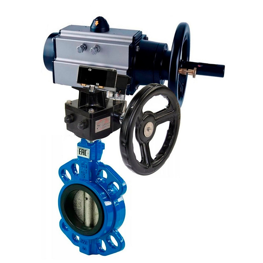 Water Butterfly Valve Elephant WBV1432N-2W-Fb body material - Cast iron GGG50/EN-GJS-500-7, disk material - Stainless steel AISI 316L/1.4404, seal - NBR with pneumatic actuator double acting PA-DA-105-1, pneumatic distributor 4V320-08 220V, manual