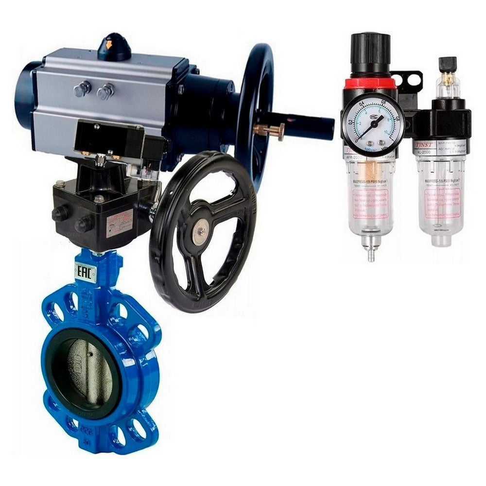 Water Butterfly Valve Elephant WBV1132N-2W-Fb body material - Cast iron GG25/EN-GJL-250, disk material - Stainless steel AISI 316L/1.4404, seal - NBR with pneumatic actuator double acting PA-DA-105-1, pneumatic distributor 4M310-08, manual duplicator