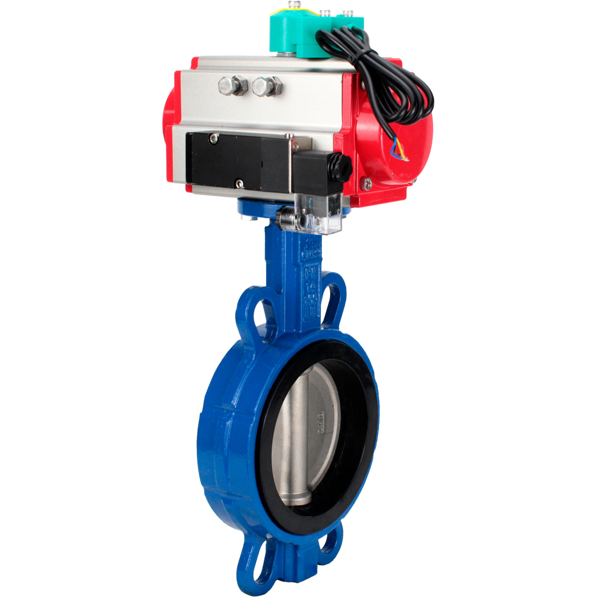 Water Butterfly Valve Elephant WBV3432V-2W-Fb-H DN50-300 16 bar body - WCB carbon steel, disc - 316L stainless steel, seal - Viton, with pneumatic actuator PA-DA-XXX, pneumatic distributor 4M310-08 NAMUR 220V and ALS200D magnetic switch