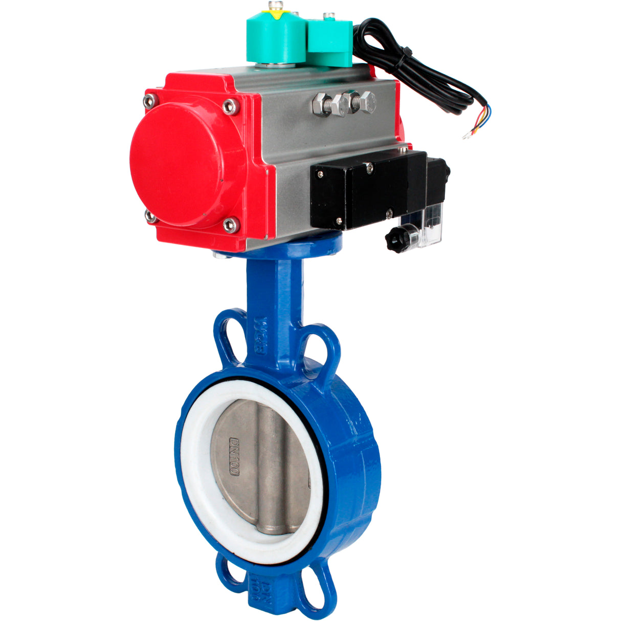 Water Butterfly Valve Elephant WBV3432P-2W-Fb-H DN40-300 16 bar body - WCB carbon steel, disc - 316L stainless steel, seal - PTFE, with pneumatic actuator PA-DA-XXX, pneumatic distributor 4M310-08 NAMUR 24V and ALS200D magnetic switch