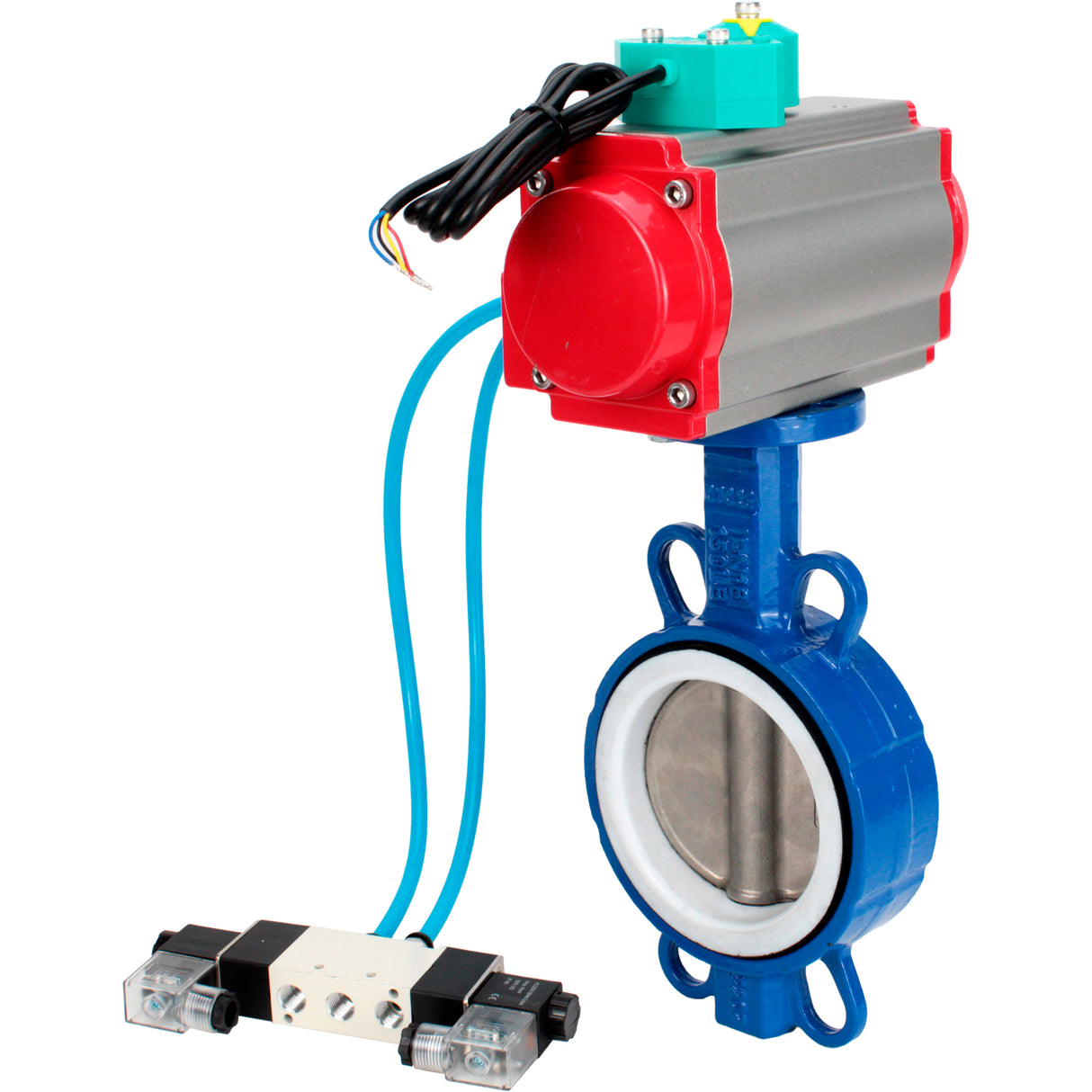 Water Butterfly Valve Elephant WBV3432P-2W-Fb-H DN40-300 16 bar body - WCB carbon steel, disc - 316L stainless steel, seal - PTFE, with pneumatic actuator PA-DA-XXX, pneumatic distributor 4V320-10 220V and ALS200D magnetic switch
