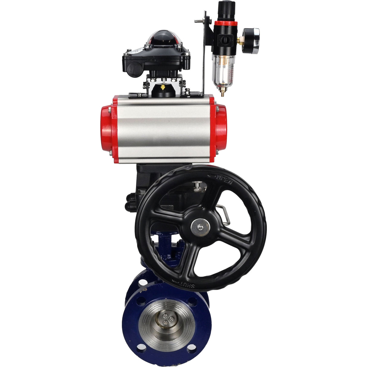 Water Butterfly Valve Elephant WBV3EX-3432M-1W-F-ISO, body material - Carbon steel, disk material - Stainless steel AISI 316, seal - Metal, pneumatic actuator PA-DA double action, 4M310-08 24V, LSU APL-210N, handwheel MON, ATU AFC2000