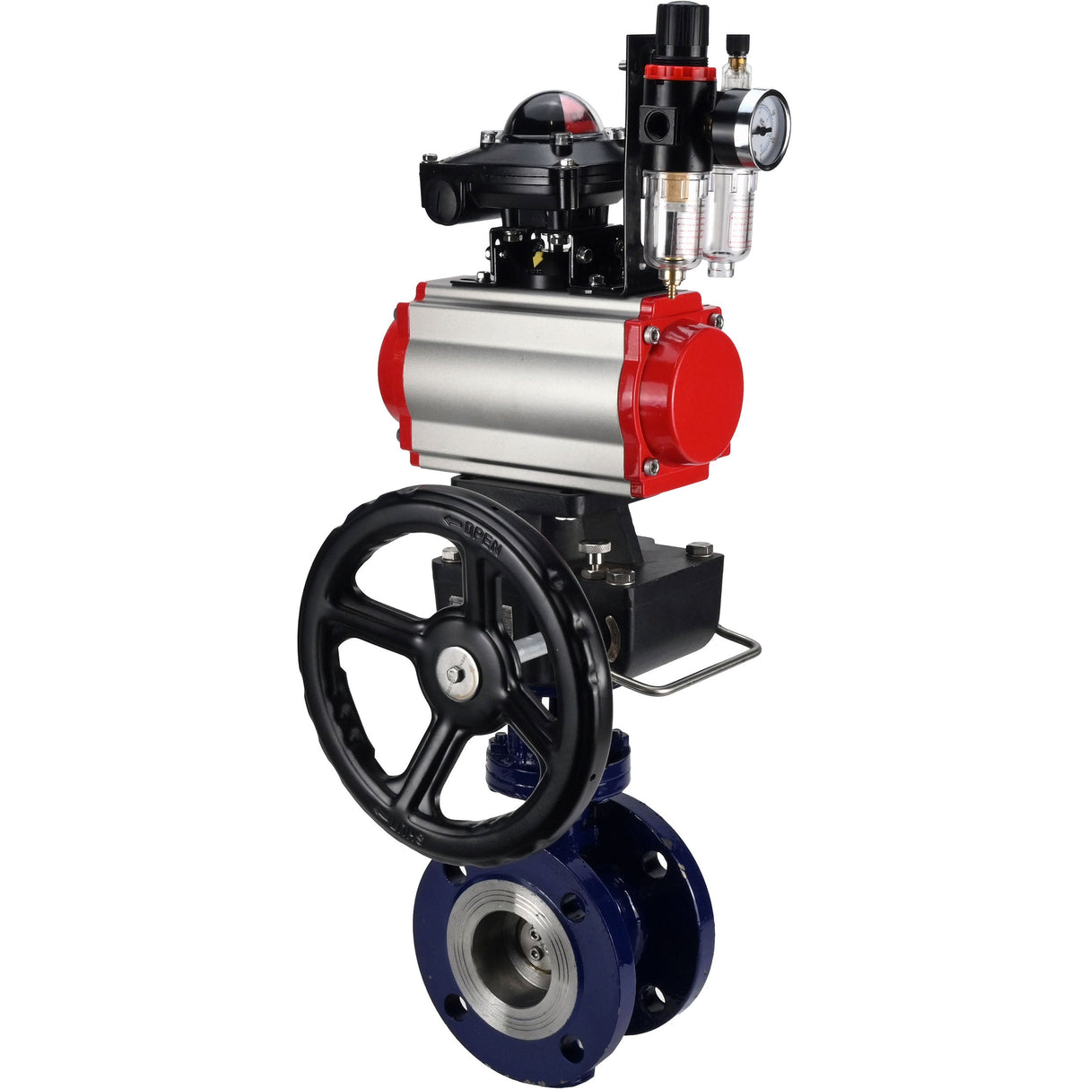 Water Butterfly Valve Elephant WBV3EX-3432M-1W-F-ISO, body material - Carbon steel, disk material - Stainless steel AISI 316, seal - Metal, pneumatic actuator PA-DA double action, 4M310-08 220V, LSU APL-210N, handwheel MON, ATU AFC2000