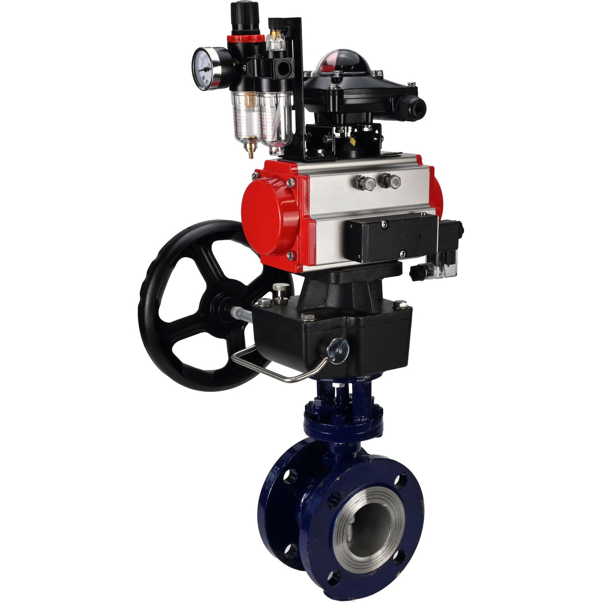 Water Butterfly Valve Elephant WBV3EX-3432M-1W-F-ISO, body material - Carbon steel, disk material - Stainless steel AISI 316, seal - Metal, pneumatic actuator PA-DA double action, 4M310-08 24V, LSU APL-210N, handwheel MON, ATU AFC2000