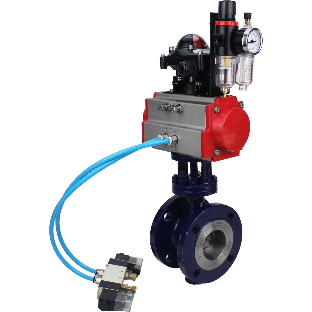 Water Butterfly Valve Elephant WBV3EX-3432M-1W-F-ISO, body material - Carbon steel, disk material - Stainless steel AISI 316, seal - Metal, pneumatic actuator PA-SA with return springs, 4V320-10 220V, LSU APL-210N ATU AFC2000