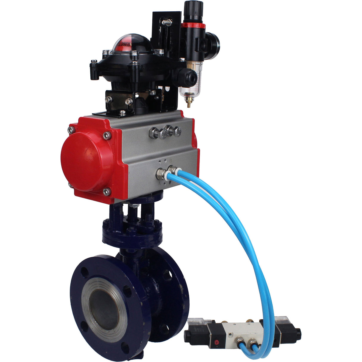 Water Butterfly Valve Elephant WBV3EX-3432M-1W-F-ISO, body material - Carbon steel, disk material - Stainless steel AISI 316, seal - Metal, pneumatic actuator PA-SA with return springs, 4V320-10 220V, LSU APL-210N ATU AFC2000