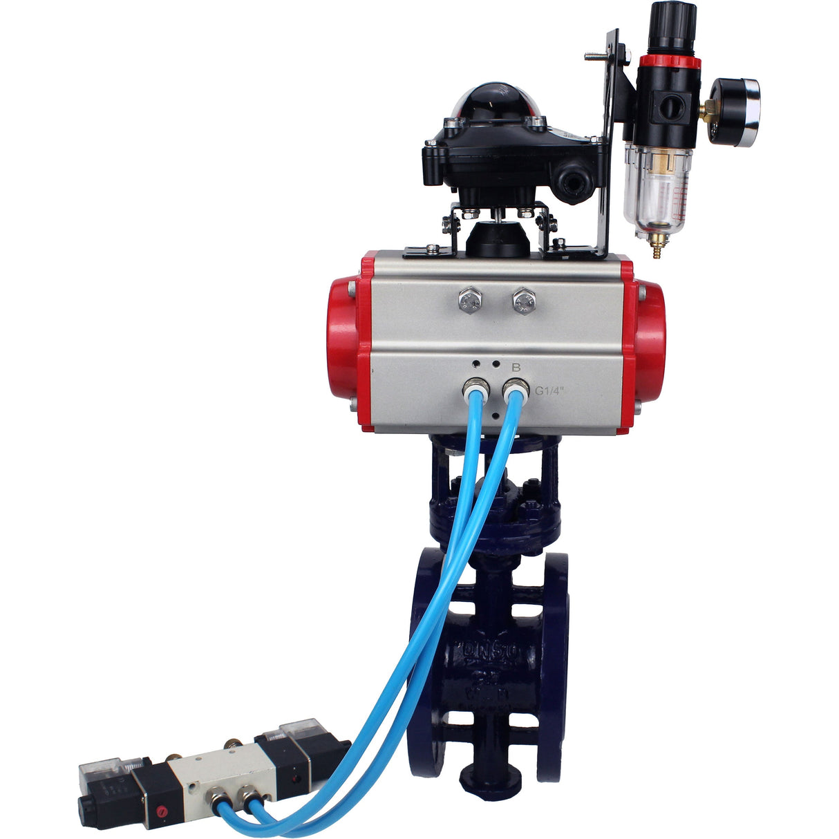 Water Butterfly Valve Elephant WBV3EX-3432M-1W-F-ISO, body material - Carbon steel, disk material - Stainless steel AISI 316, seal - Metal, pneumatic actuator PA-SA with return springs, 4V320-10 220V, LSU APL-210N ATU AFC2000