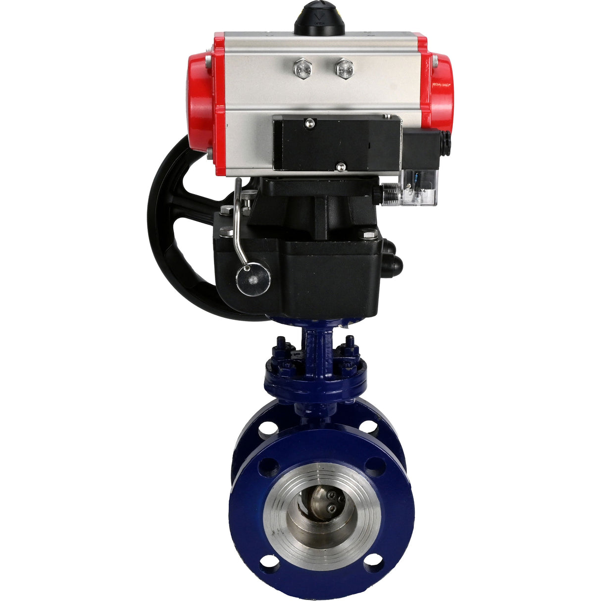 Water Butterfly Valve Elephant WBV3EX-3432M-1W-F-ISO, body material - Carbon steel, disk material - Stainless steel AISI 316, seal - Metal, pneumatic actuator PA-DA double action, 4M310-08 24V handwheel MON