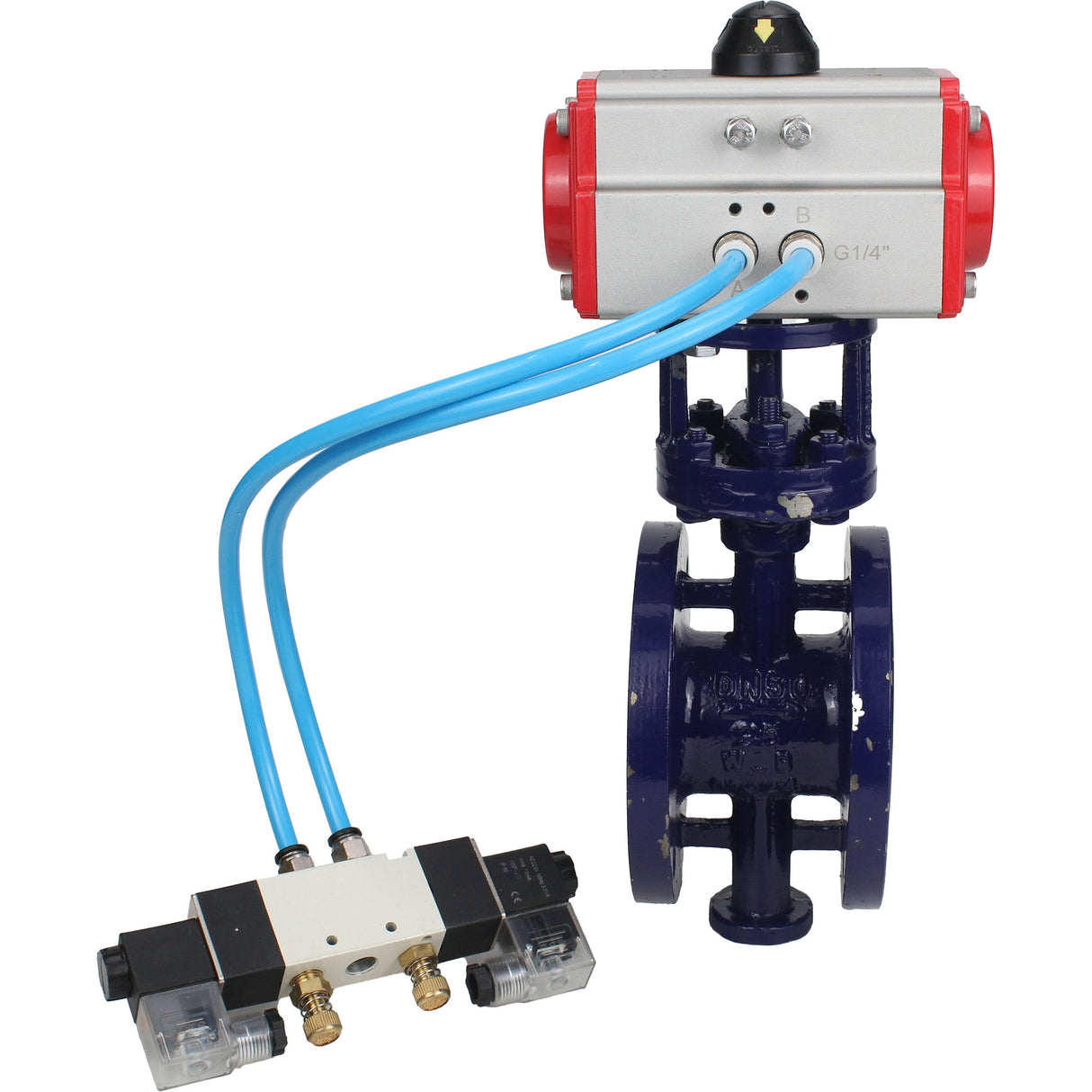 Water Butterfly Valve Elephant WBV3EX-3432M-1W-F-ISO, body material - Carbon steel, disk material - Stainless steel AISI 316, seal - Metal, pneumatic actuator PA-SA with return springs, 4V320-08 220V