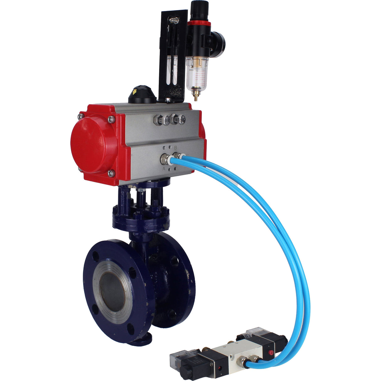 Water Butterfly Valve Elephant WBV3EX-3432M-1W-F-ISO, body material - Carbon steel, disk material - Stainless steel AISI 316, seal - Metal, pneumatic actuator PA-SA with return springs, 4V320-10 220V ATU AFC2000
