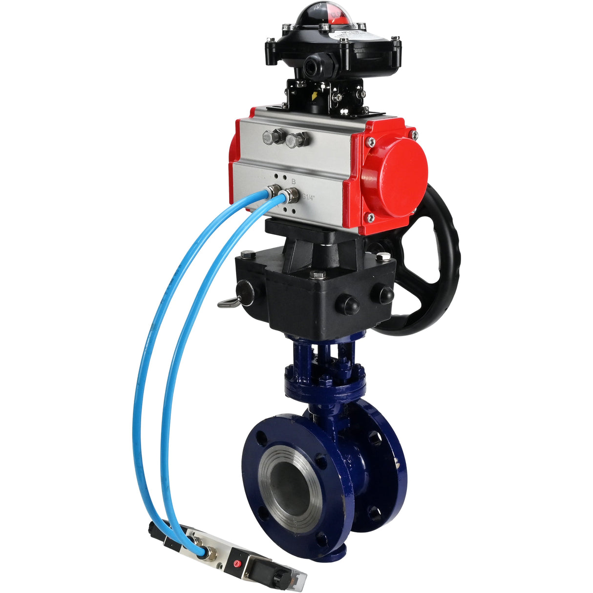 Water Butterfly Valve Elephant WBV3EX-3432M-1W-F-ISO, body material - Carbon steel, disk material - Stainless steel AISI 316, seal - Metal, pneumatic actuator PA-DA double action, 4V320-08 220V, LSU APL-210N, handwheel MON