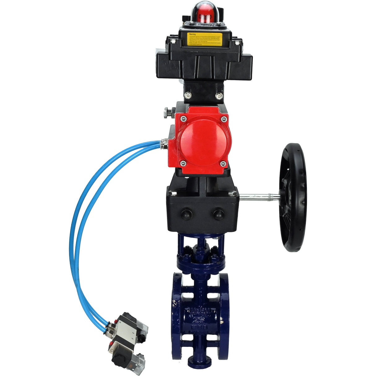 Water Butterfly Valve Elephant WBV3EX-3432M-1W-F-ISO, body material - Carbon steel, disk material - Stainless steel AISI 316, seal - Metal, pneumatic actuator PA-DA double action, 4V320-08 220V, LSU APL-410N EX, handwheel MON, ATU AFC2000
