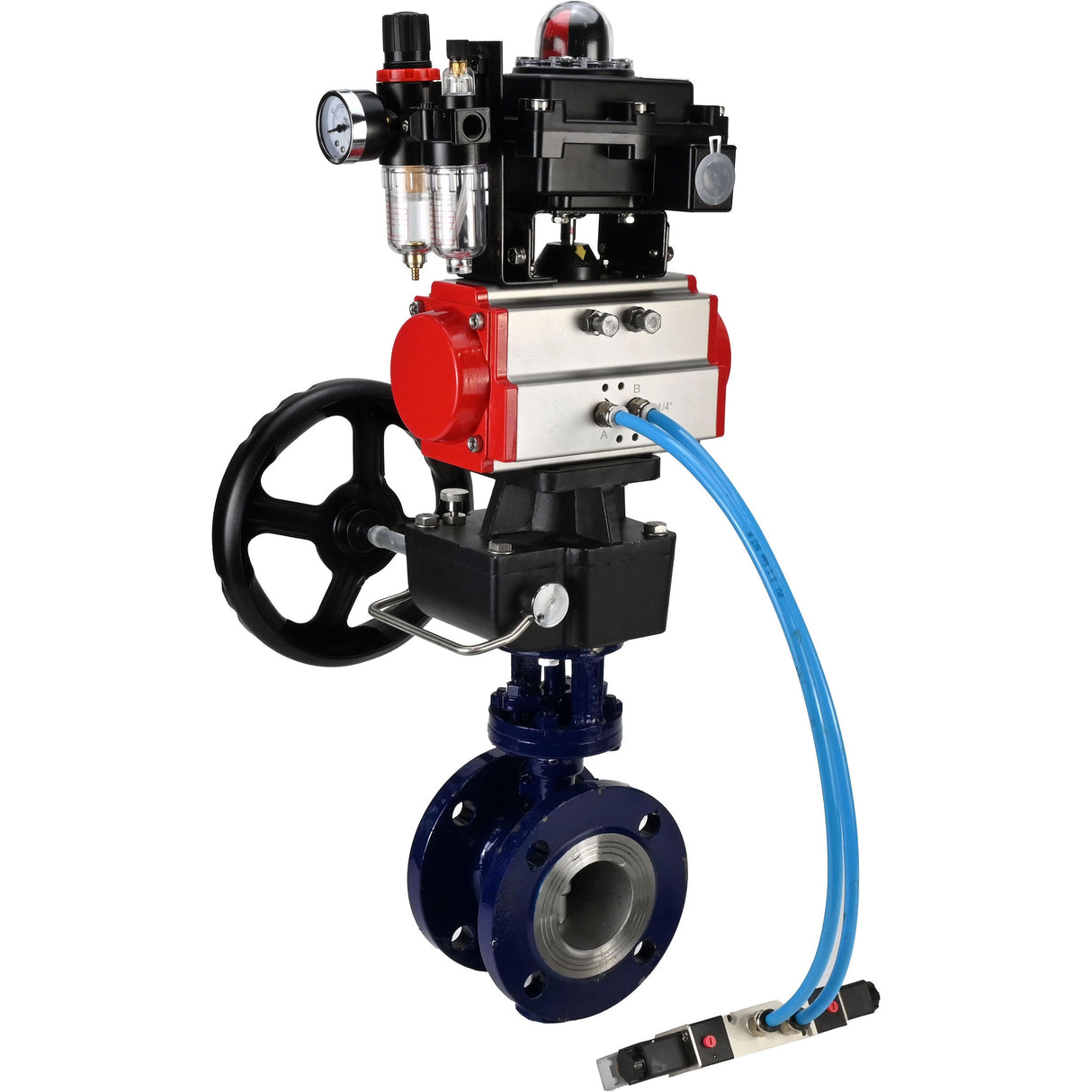 Water Butterfly Valve Elephant WBV3EX-3432M-1W-F-ISO, body material - Carbon steel, disk material - Stainless steel AISI 316, seal - Metal, pneumatic actuator PA-DA double action, 4V320-10 220V, LSU APL-410N EX, handwheel MON, ATU AFC2000