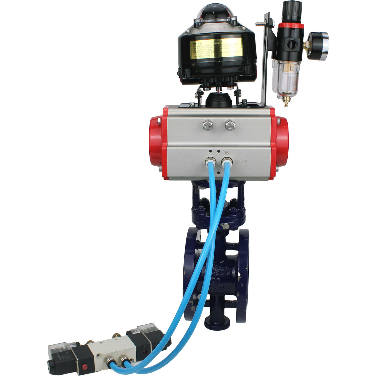 Water Butterfly Valve Elephant WBV3EX-3432M-1W-F-ISO, body material - Carbon steel, disk material - Stainless steel AISI 316, seal - Metal, pneumatic actuator PA-SA with return springs, 4V320-10 220V, LSU APL-510N EX, ATU AFC2000
