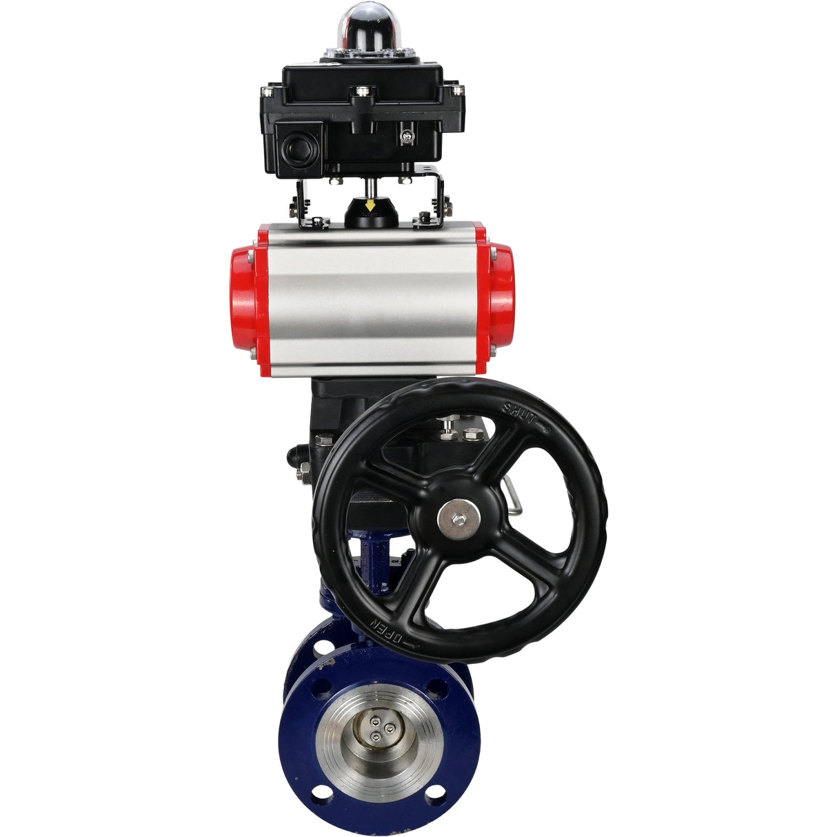 Water Butterfly Valve Elephant WBV3EX-3432M-1W-F-ISO, body material - Carbon steel, disk material - Stainless steel AISI 316, seal - Metal, pneumatic actuator PA-DA double action, LSU APL-410N EX, handwheel MON