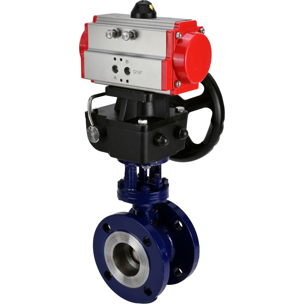 Water Butterfly Valve Elephant WBV3EX-3432M-1W-F-ISO, body material - Carbon steel, disk material - Stainless steel AISI 316, seal - Metal, pneumatic actuator PA-DA double action handwheel MON