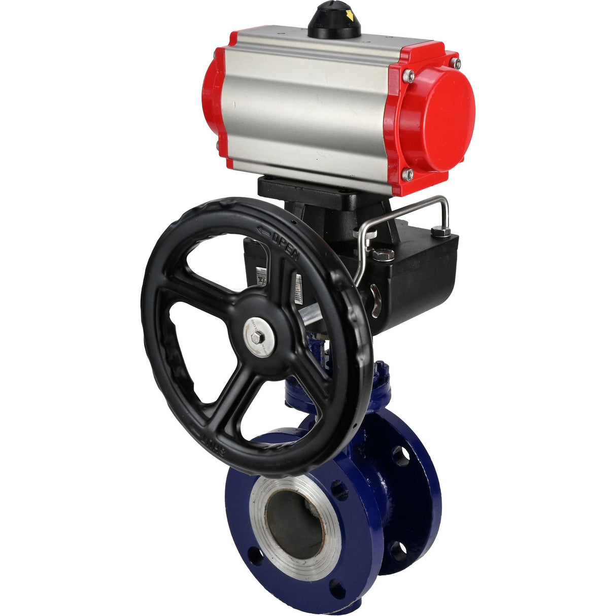 Water Butterfly Valve Elephant WBV3EX-3432M-1W-F-ISO, body material - Carbon steel, disk material - Stainless steel AISI 316, seal - Metal, pneumatic actuator PA-DA double action handwheel MON