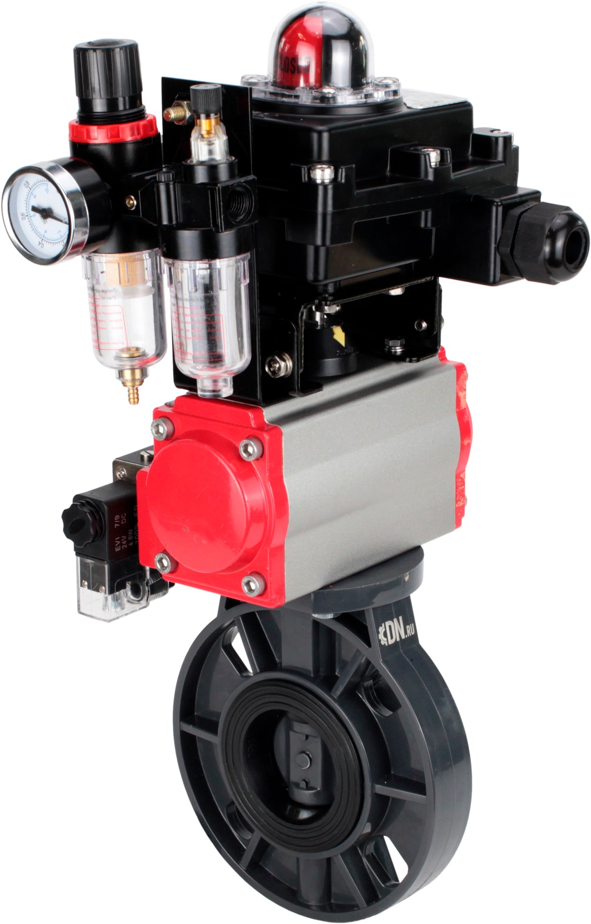 Butterfly valves Elephant WBV4242E-2W-Fb-ISO, body material - UPVC, disc material - UPVC, seal - EPDM, with pneumatic actuator double action PA-DA, pneumatic distributor 4M310-08 220V, LSU APL-410N EX and ATU AFC2000