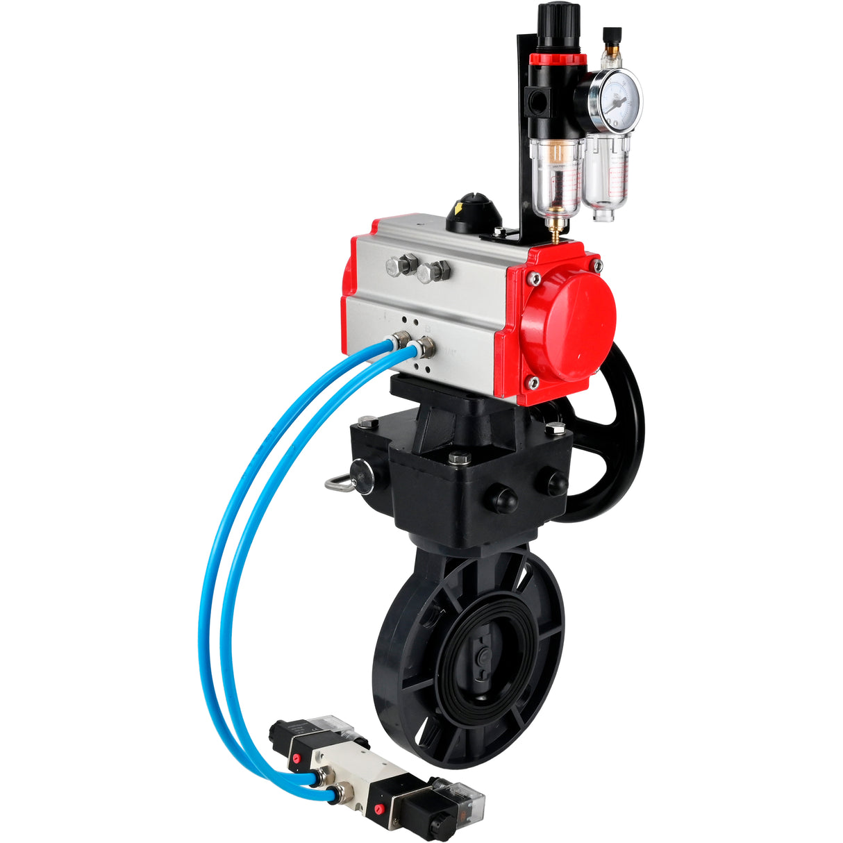 Butterfly valves Elephant WBV4242E-2W-Fb-ISO, body material - UPVC, disc material - UPVC, seal - EPDM, with pneumatic actuator double action PA-DA, pneumatic distributor 4V320-10 220V, ATU AFC2000 and handwheel MON