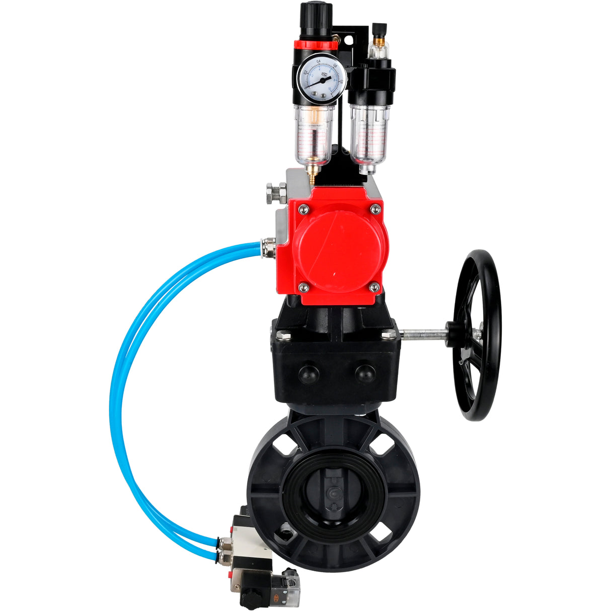 Butterfly valves Elephant WBV4242E-2W-Fb-ISO, body material - UPVC, disc material - UPVC, seal - EPDM, with pneumatic actuator double action PA-DA, pneumatic distributor 4V320-10 220V, ATU AFC2000 and handwheel MON
