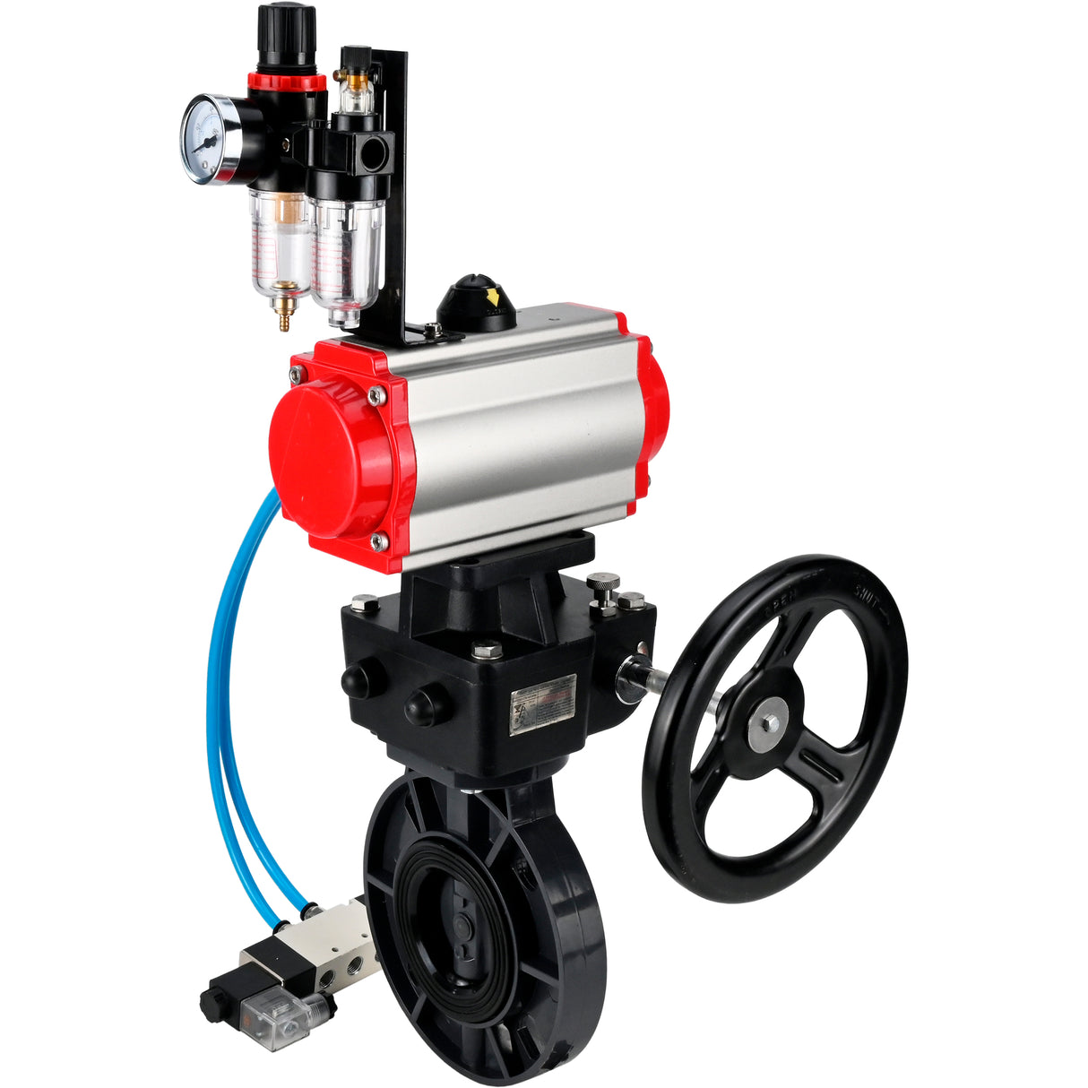 Butterfly valves Elephant WBV4242E-2W-Fb-ISO, body material - UPVC, disc material - UPVC, seal - EPDM, with pneumatic actuator double action PA-DA, pneumatic distributor 4V320-10 220V, ATU AFC2000 and handwheel MON