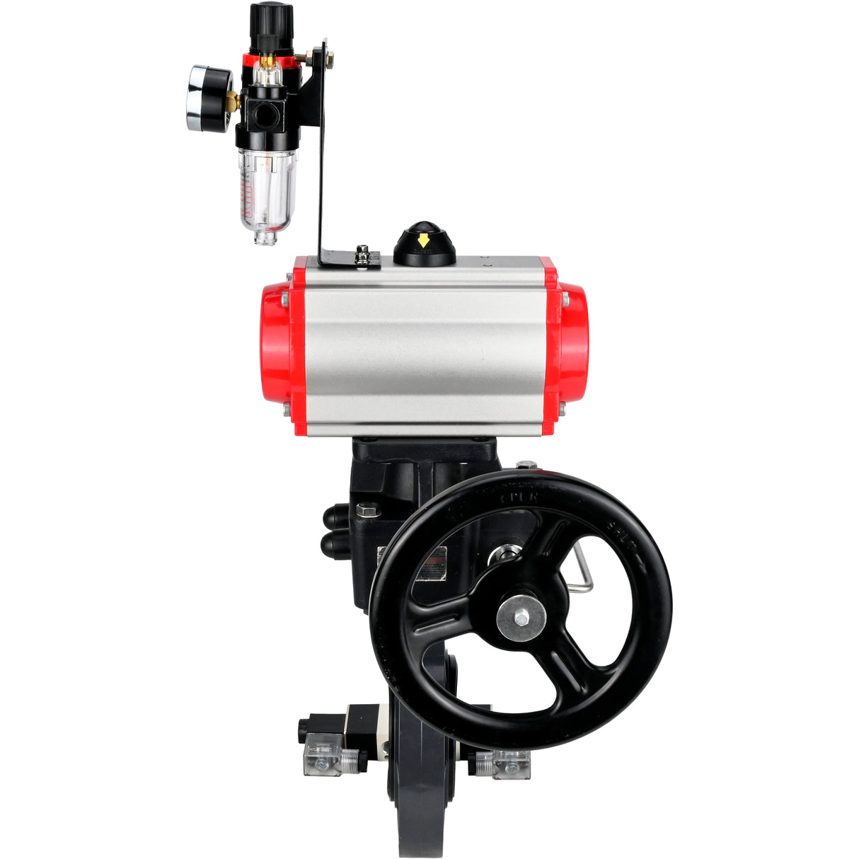 Butterfly valves Elephant WBV4242E-2W-Fb-ISO, body material - UPVC, disc material - UPVC, seal - EPDM, with pneumatic actuator double action PA-DA, pneumatic distributor 4V320-10 220V, ATU AFC2000 and handwheel MON