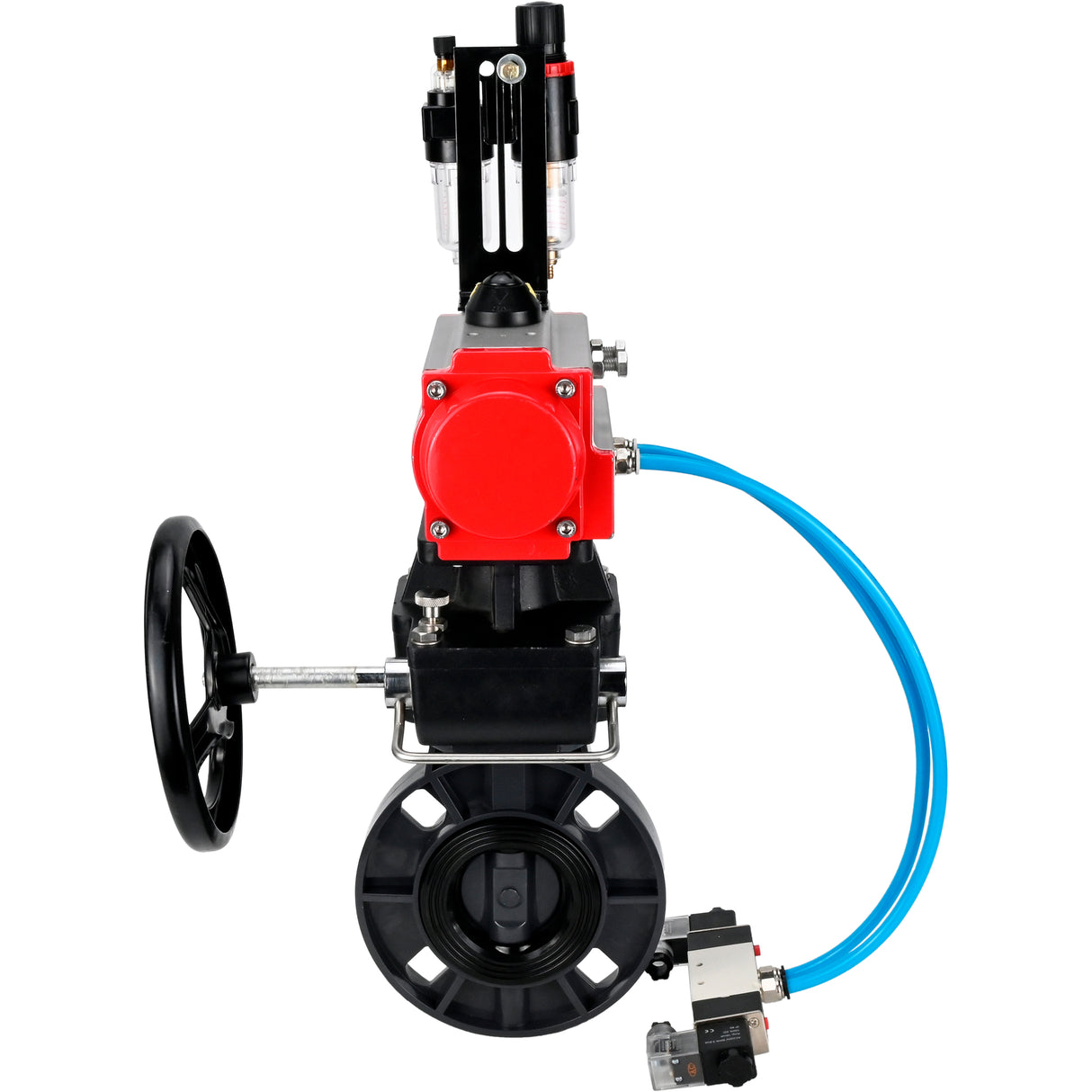 Butterfly valves Elephant WBV4242E-2W-Fb-ISO, body material - UPVC, disc material - UPVC, seal - EPDM, with pneumatic actuator double action PA-DA, pneumatic distributor 4V320-10 220V, ATU AFC2000 and handwheel MON