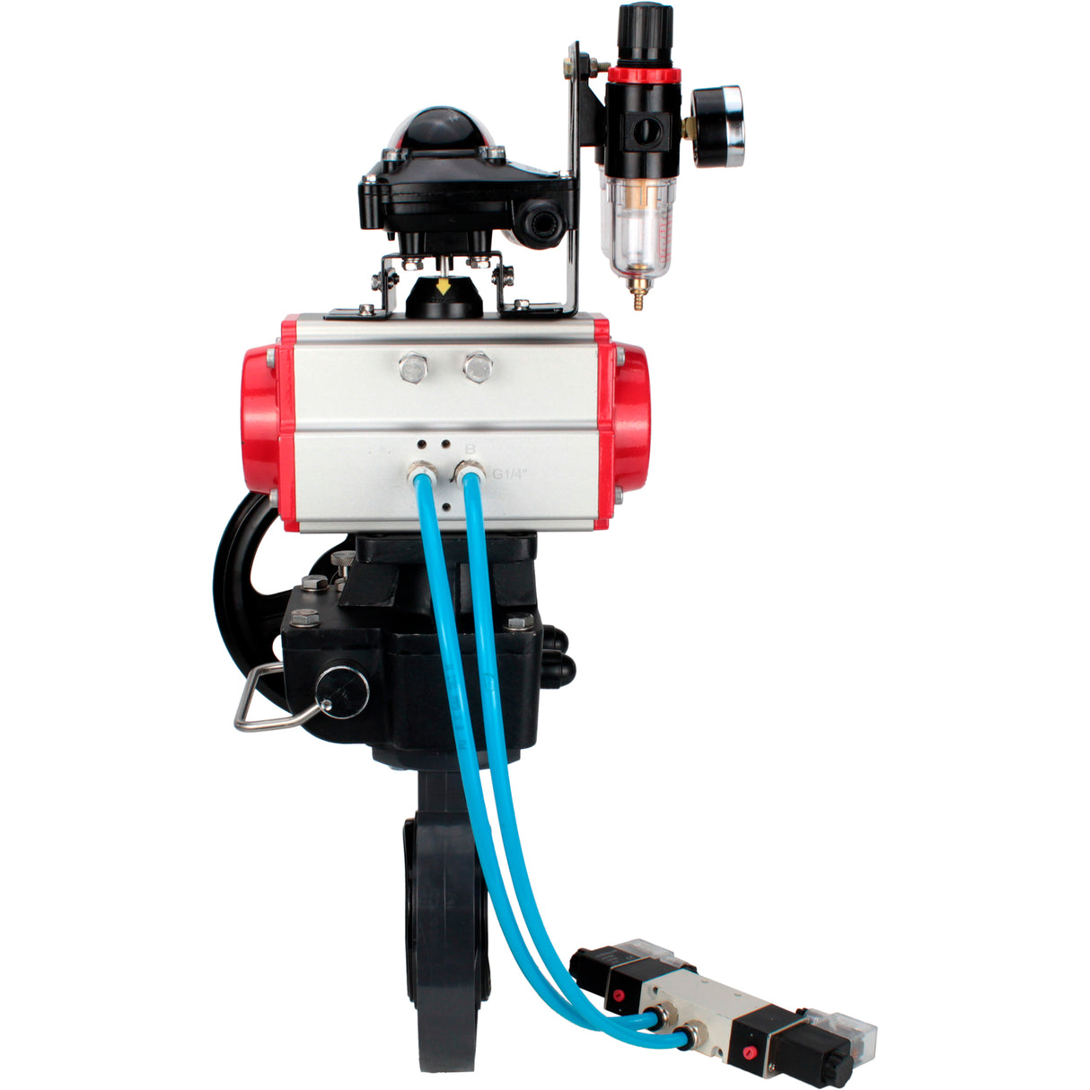 Butterfly valves Elephant WBV4242E-2W-Fb-ISO, body material - UPVC, disc material - UPVC, seal - EPDM, with pneumatic actuator double action PA-DA, pneumatic distributor 4V320-08 220V, LSU APL-210N, ATU AFC2000 and handwheel MON