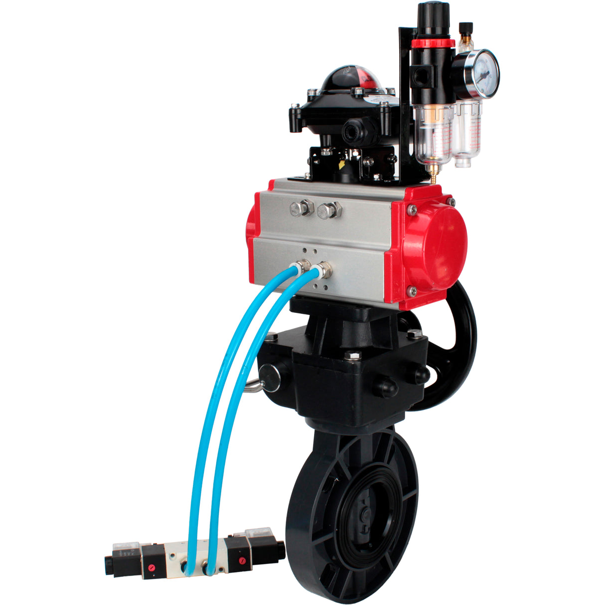 Butterfly valves Elephant WBV4242E-2W-Fb-ISO, body material - UPVC, disc material - UPVC, seal - EPDM, with pneumatic actuator double action PA-DA, pneumatic distributor 4V320-08 220V, LSU APL-210N, ATU AFC2000 and handwheel MON
