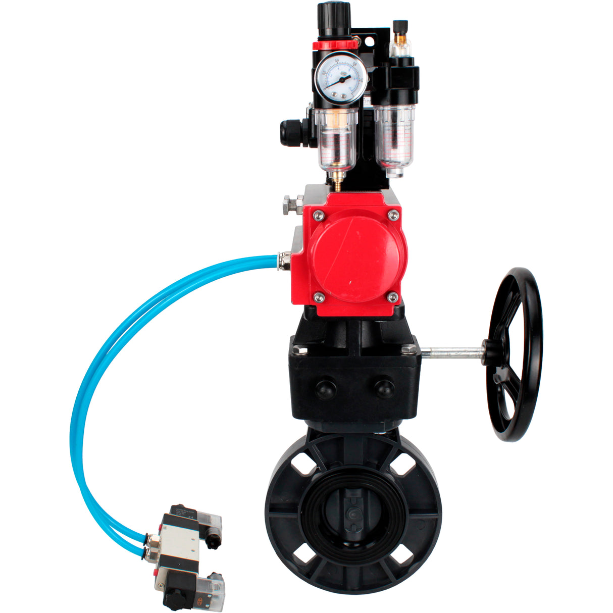 Butterfly valves Elephant WBV4242E-2W-Fb-ISO, body material - UPVC, disc material - UPVC, seal - EPDM, with pneumatic actuator double action PA-DA, pneumatic distributor 4V320-08 220V, LSU APL-210N, ATU AFC2000 and handwheel MON