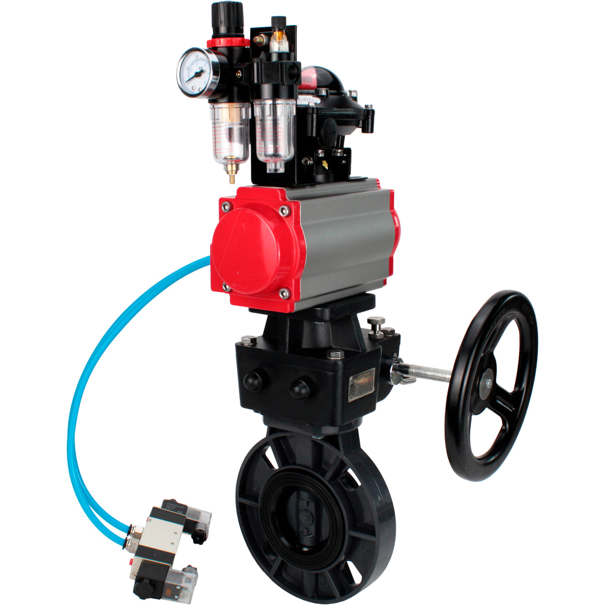 Butterfly valves Elephant WBV4242E-2W-Fb-ISO, body material - UPVC, disc material - UPVC, seal - EPDM, with pneumatic actuator double action PA-DA, pneumatic distributor 4V320-08 220V, LSU APL-210N, ATU AFC2000 and handwheel MON
